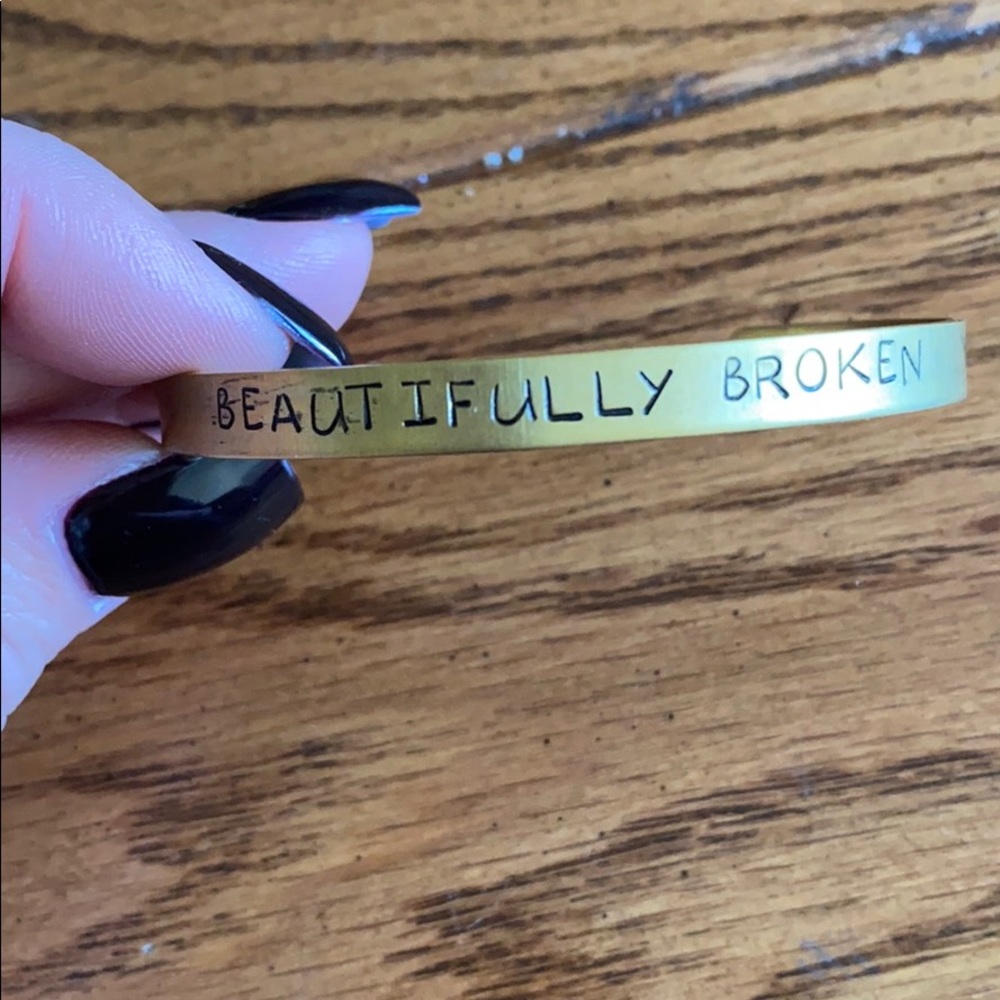 “Beautifully Broken” inscribed gold tone bracelet